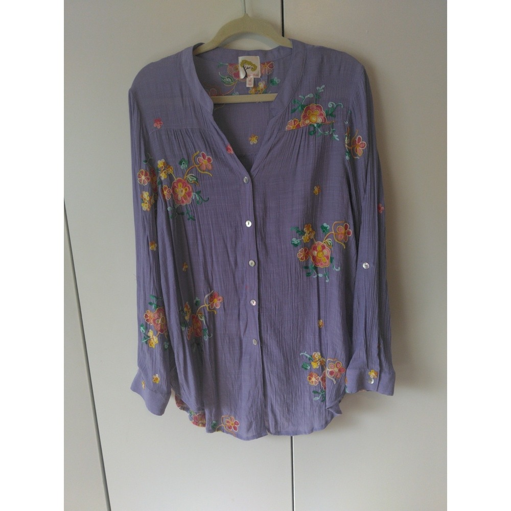 Antropologie Fig & Flower Embroidered Floral Button Front Tunic Top Size XL Boho